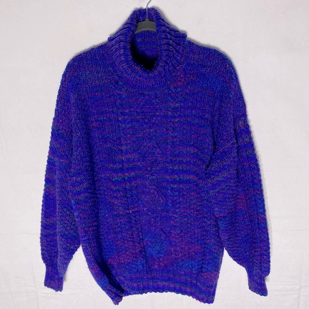 Handmade Hand Knit Purple Rainbow Cable Knit Pullover Turtleneck Sweater L